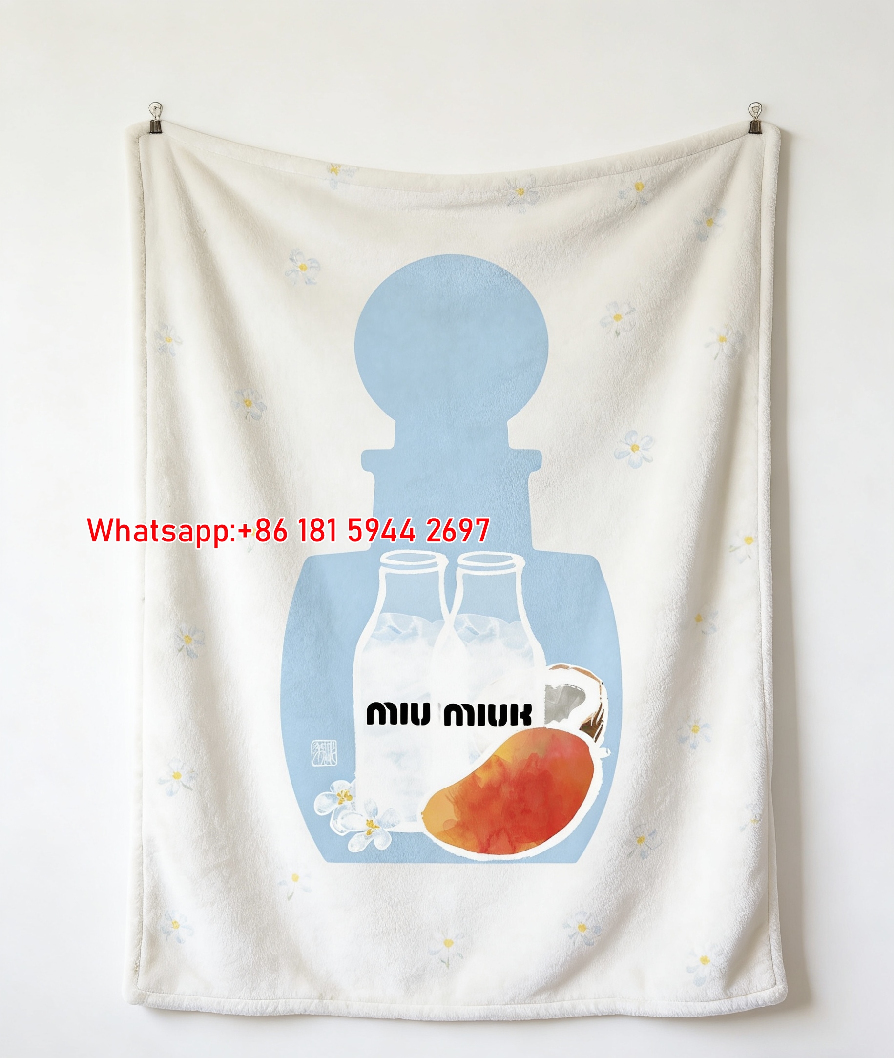 Miu Miu Pastel Light Blue & Mango Orange Milk Bottle Art Print Flannel Throw Blanket IMG_0593